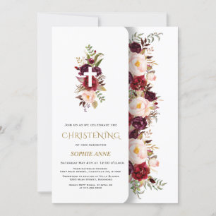 Invitación Charm Burgundy Flores Rosadas Chica Christening