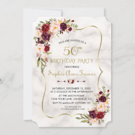 Invitación Charm Burgundy Flowers Gold Marble 50 cumpleaños