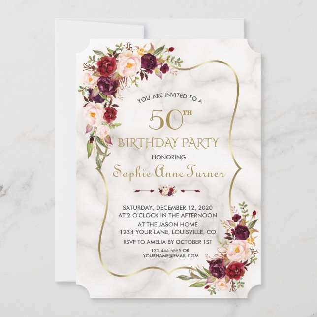 Invitación Charm Burgundy Flowers Gold Marble 50 cumpleaños (Anverso)