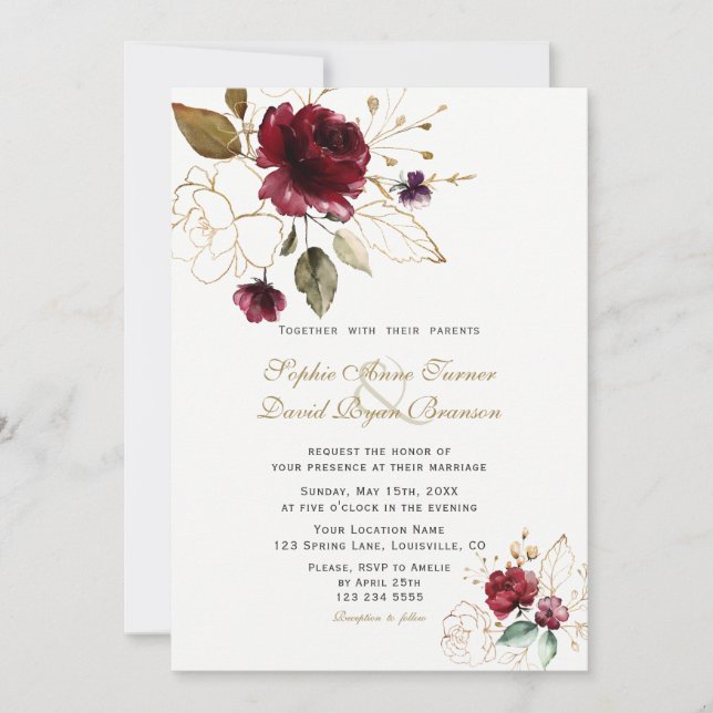 Invitación Charm Burgundy Gold Flowers Monograma Boda (Anverso)
