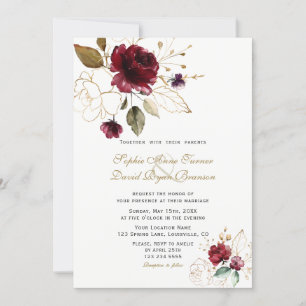 Invitación Charm Burgundy Gold Flowers Monograma Boda
