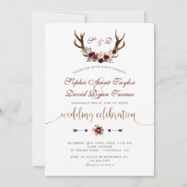Invitación Charm Burgundy Marsala Floral Antlers Gold Boda