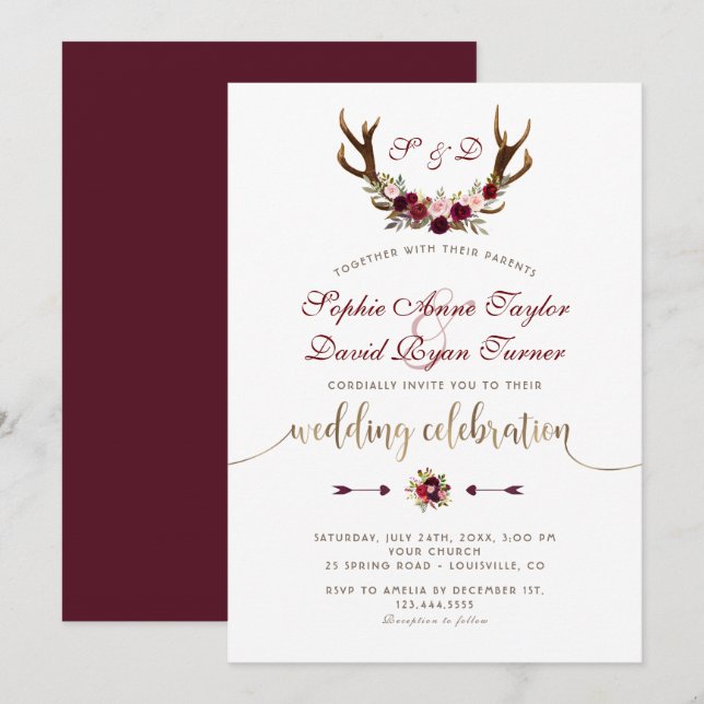 Invitación Charm Burgundy Marsala Floral Antlers Gold Boda (Anverso / Reverso)