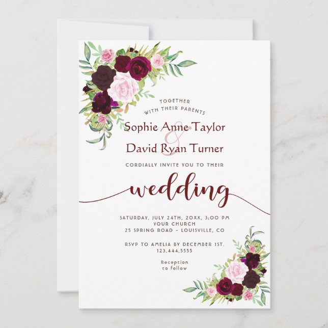 Invitación Charm Burgundy Marsala Floral Gold Boda (Anverso)