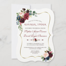 Invitación Charm Burgundy Navy Blue Floral Ensayo Cena