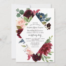 Invitación Charm Burgundy Navy Blue Rubor Boda Floral