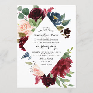 Invitación Charm Burgundy Navy Blue Rubor Boda Floral