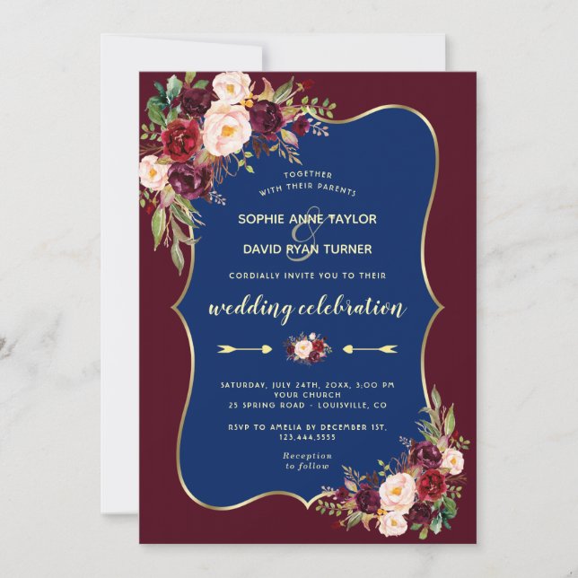 Invitación Charm Burgundy Navy Boda floral de oro azul (Anverso)