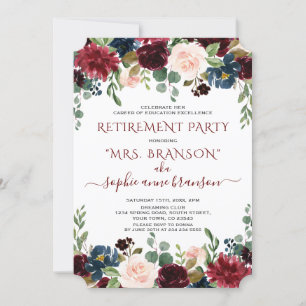 Invitación Charm Burgundy Navy Fiesta de Jubilación Floral Az