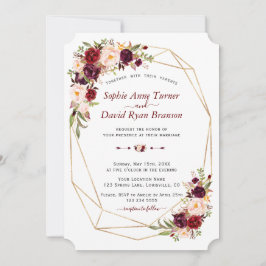 Invitación Charm Burgundy Pink Floral Gold Frame Boda