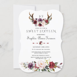 Invitación Charm Burgundy Plum Rubor Floral Antlers Sweet 16