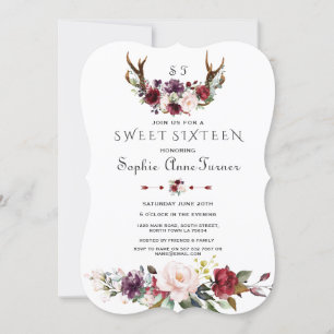 Invitación Charm Burgundy Plum Rubor Floral Antlers Sweet 16