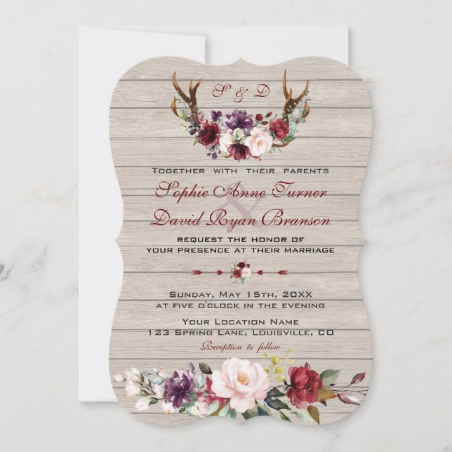Invitación Charm Burgundy Rubor Floral Antlers Barn Boda (Anverso)