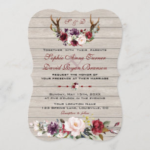 Invitación Charm Burgundy Rubor Floral Antlers Barn Boda