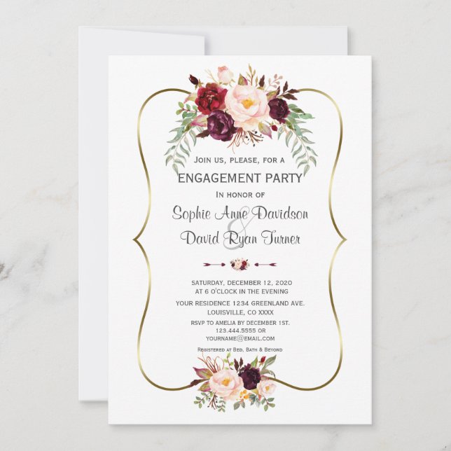 Invitación Charm Burgundy Rubor Floral Gold Engagement (Anverso)