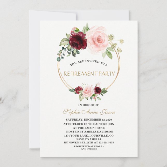 Invitación Charm Burgundy Rubor Floral Gold Retirement Fiesta (Anverso)