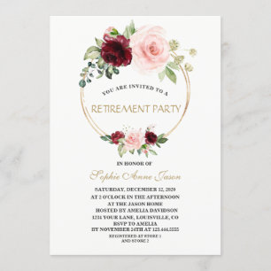 Invitación Charm Burgundy Rubor Floral Gold Retirement Fiesta
