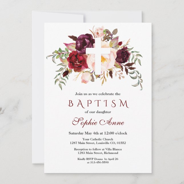 Invitación Charm Burgundy Rubor Floral White Cross Baptism (Anverso)