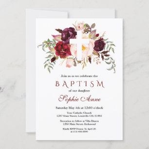 Invitación Charm Burgundy Rubor Floral White Cross Baptism