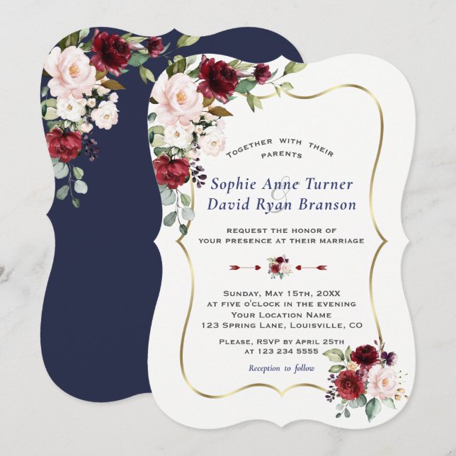 Invitación Charm Burgundy Rubor Flores Boda de marco dorado (Anverso / Reverso)