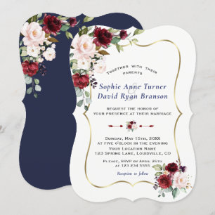 Invitación Charm Burgundy Rubor Flores Boda de marco dorado