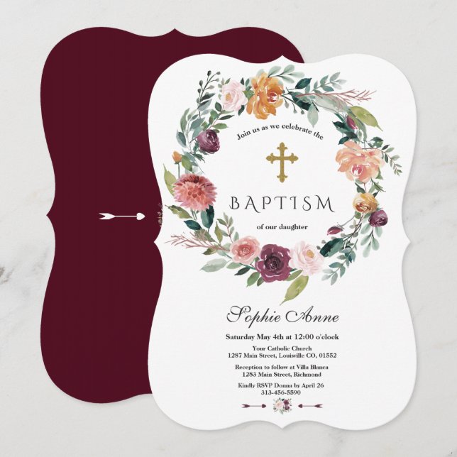 Invitación Charm Burgundy Rubor Ivory Floral Baptismo de la f (Anverso / Reverso)