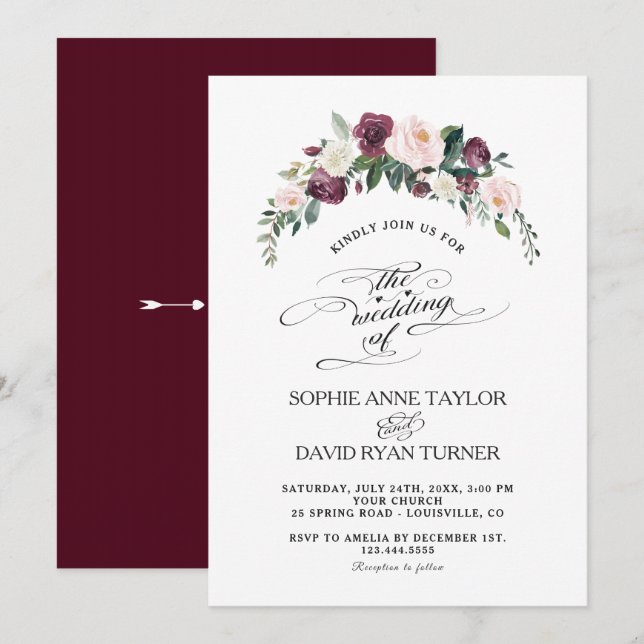 Invitación Charm Burgundy Rubor Ivory Floral Bloom Boda (Anverso / Reverso)