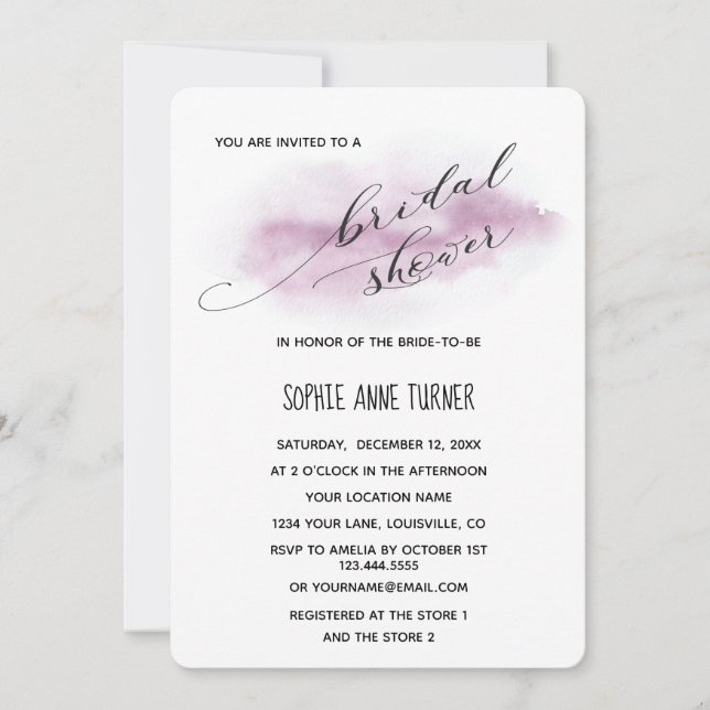 Invitación Charm Calligraphy Pink Watercolour Bridal Shower (Anverso)