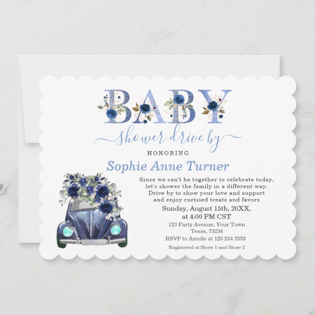 Invitación Charm Car Blue Floral Boy Baby Shower Drive By (Anverso)