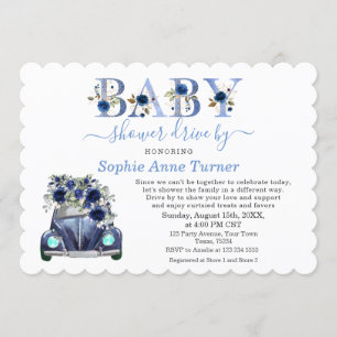 Invitación Charm Car Blue Floral Boy Baby Shower Drive By