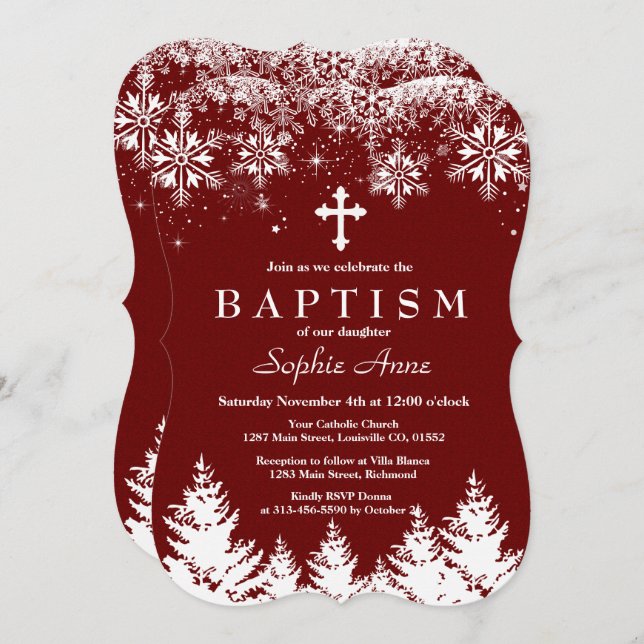 Invitación Charm Chica Winter Snowflakes Baptismo Purpurina R (Anverso / Reverso)
