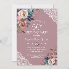 Invitación Charm Dusty Blue Dusty Rosa Flores 50 cumpleaños