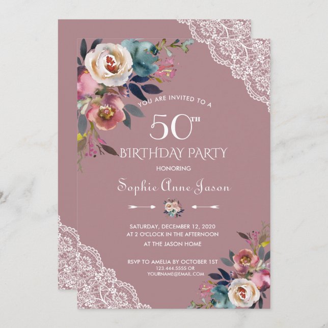 Invitación Charm Dusty Blue Dusty Rosa Flores 50 cumpleaños (Anverso / Reverso)