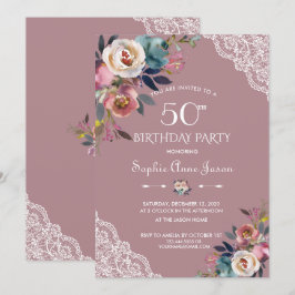 Invitación Charm Dusty Blue Dusty Rosa Flores 50 cumpleaños