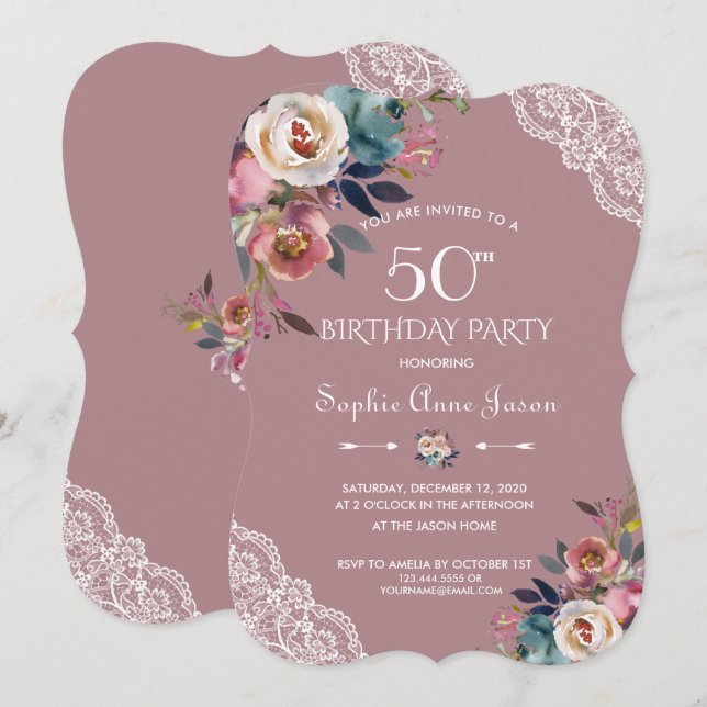 Invitación Charm Dusty Blue Dusty Rosa Flores 50 cumpleaños (Anverso / Reverso)