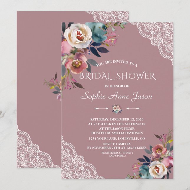 Invitación Charm Dusty Blue Dusty Rosa Flores Bridal Shower (Anverso / Reverso)