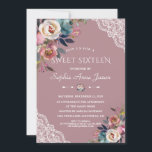 Invitación Charm Dusty Blue Dusty Rosa Flores Dulces Dieciséi<br><div class="desc">Diseño caprichoso con delicados ramos florales de color azul polvoriento,  color rosa polvoriento,  un separador floral,  esquinas de encaje,  sobre un fondo subió polvoriento. Al ser una plantilla,  es fácil añadir información,  cambiar tipos de letra,  colores. Para ver los elementos coincidentes,  por favor,  visite mi colección de flores Rosas.</div>