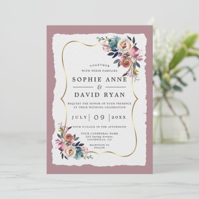 Invitación Charm Dusty Blue Flowers Misty Rosa Gold Boda (Anverso de pie)