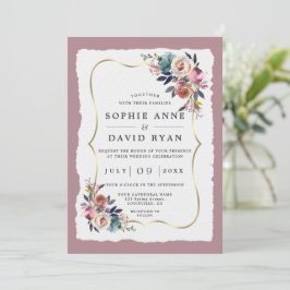 Invitación Charm Dusty Blue Flowers Misty Rosa Gold Boda