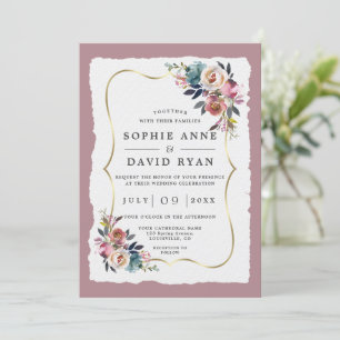 Invitación Charm Dusty Blue Flowers Misty Rosa Gold Boda