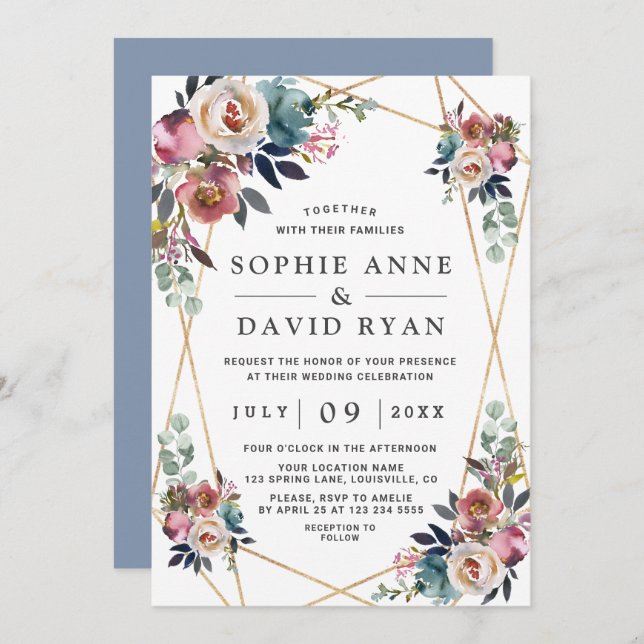 Invitación Charm Dusty Blue Misty Rosa Floral Gold Boda (Anverso / Reverso)