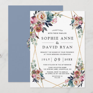 Invitación Charm Dusty Blue Misty Rosa Floral Gold Boda