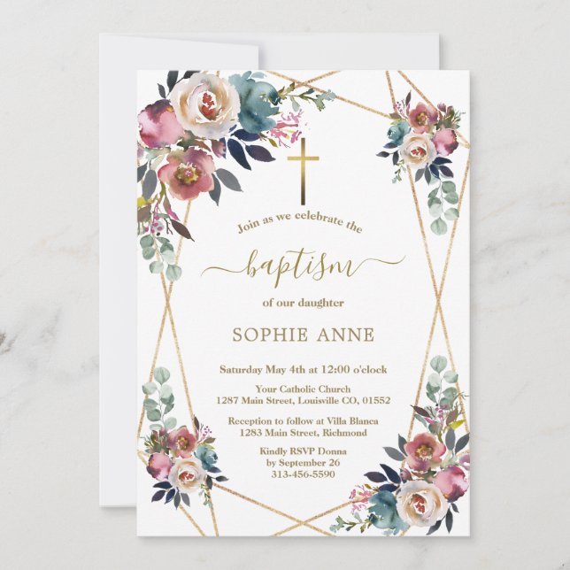 Invitación Charm Dusty Blue Misty Rosa Flores Bautismo de Oro (Anverso)