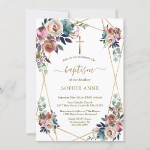 Invitación Charm Dusty Blue Misty Rosa Flores Bautismo de Oro