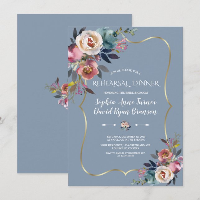 Invitación Charm Dusty Blue Pink Floral Gold Cena (Anverso / Reverso)