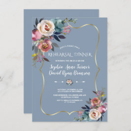 Invitación Charm Dusty Blue Pink Floral Gold Cena