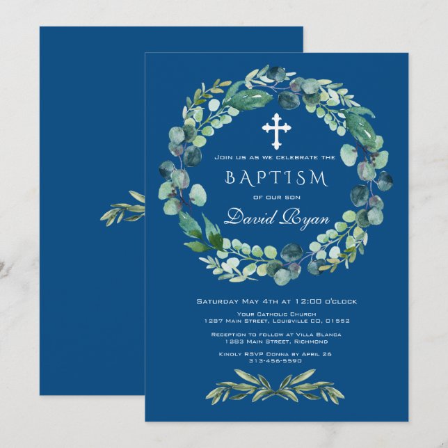 Invitación Charm Eucalyptus Foliage Classic Blue Boy Baptism (Anverso / Reverso)