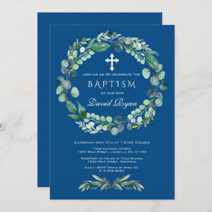 Invitación Charm Eucalyptus Foliage Classic Blue Boy Baptism