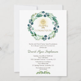 Invitación Charm Eucalyptus Foliage Cross 1ª Santa Comunión