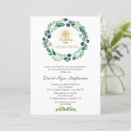 Invitación Charm Eucalyptus Foliage Cross 1ª Santa Comunión